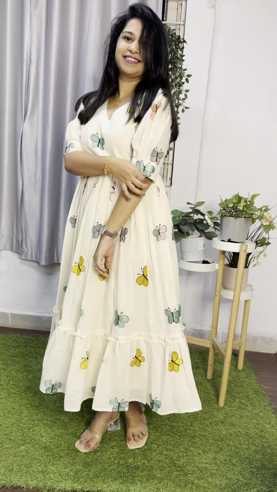 White Cotton Midi Kurti with Puff Sleeves and Embroidery