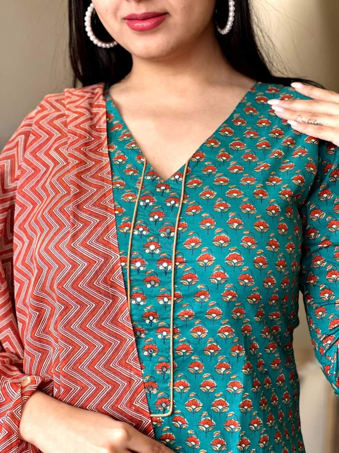 Women's 3-Piece Cotton Suit with Printed Mulmul Dupatta and Sequined Yoke