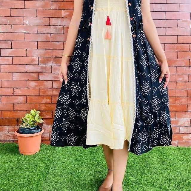 Tiered Rayon Cotton Frock with Smocked Yoke & Embroidered Shrug Sukriti Store Tiered Rayon Cotton Frock with Smocked Yoke & Embroidered Shrug Sukriti Store