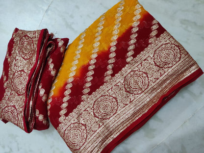 Georgette Jaipuri Saree with Rose Zari Weave and Contrasting Blouse