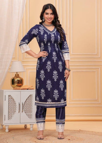 Cotton Suit with Pleated V-Neck Top, Lace Detailing, and Printed Dupatta