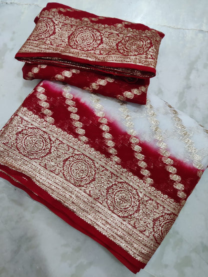 Georgette Jaipuri Saree with Rose Zari Weave and Contrasting Blouse