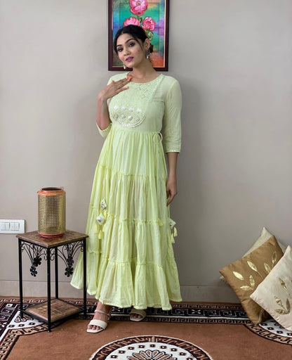 Elegant Light Green Floral Embroidered Rayon Lurex Long Gown