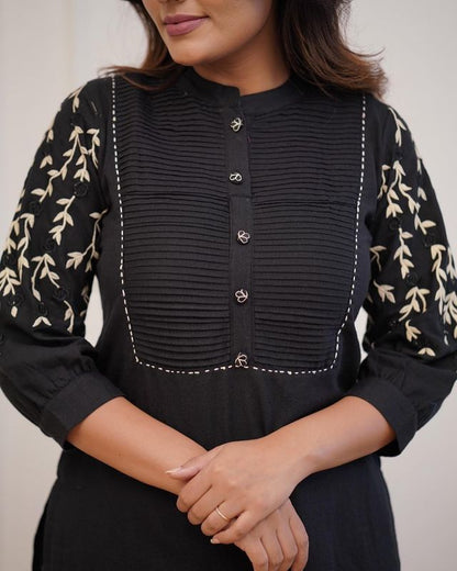 Black Cotton Kurti Pant Set with Embroidery & Pintex Detailing