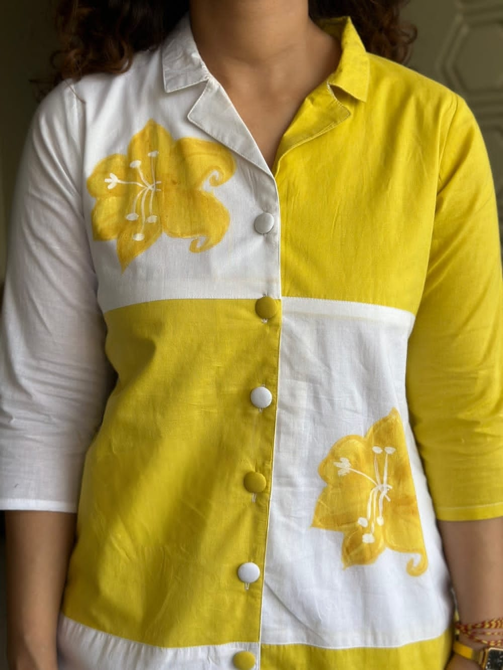 Yellow Cotton Co-ord Set with Collar Neck & Brush Print