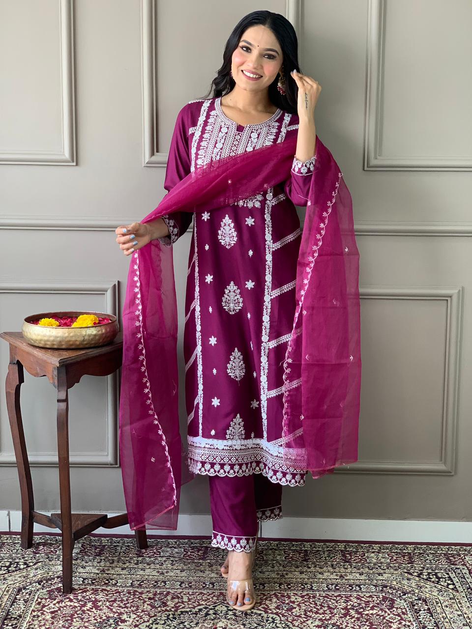 Rayon Embroidery Kurta Set with Organza Dupatta