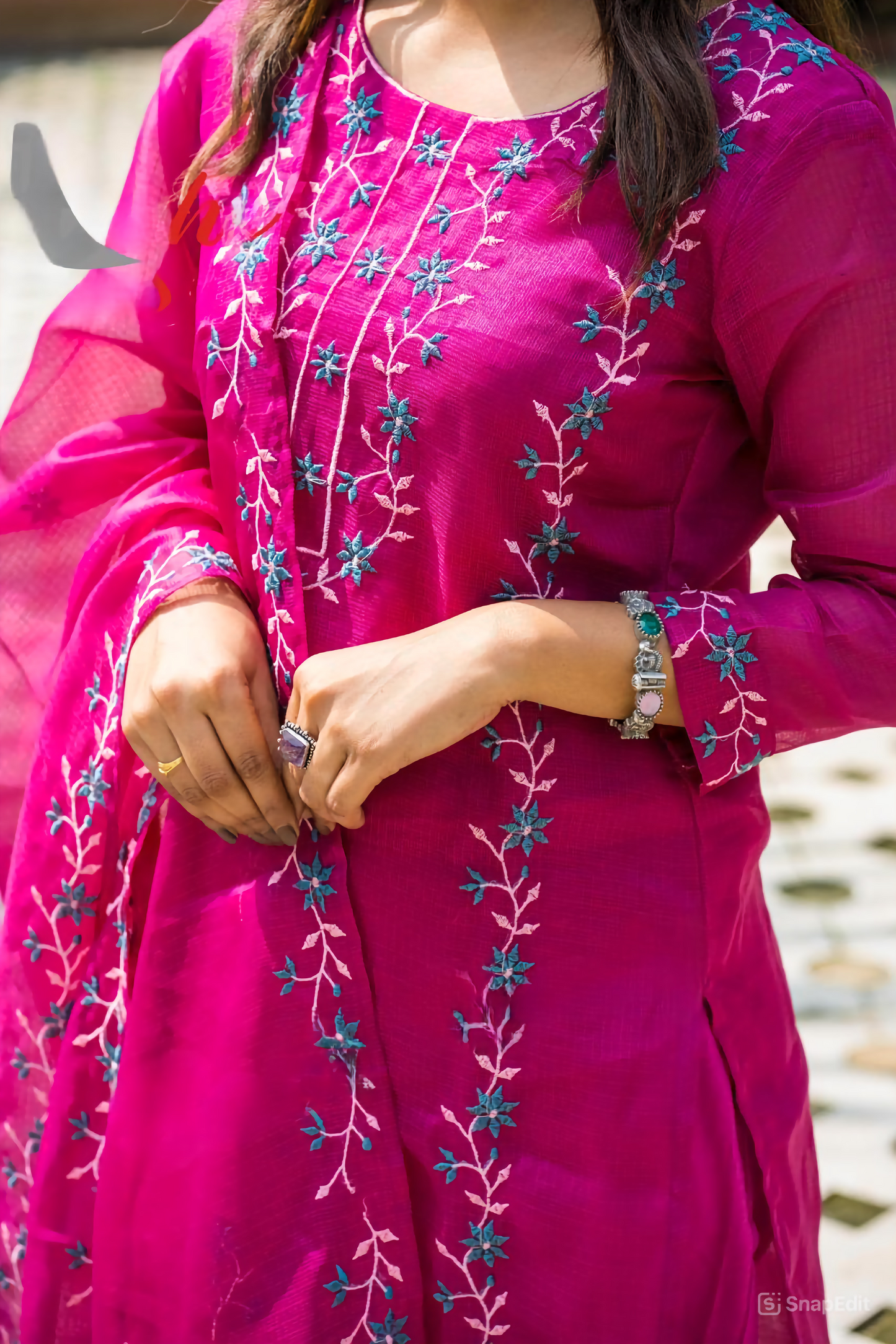 Embroidered Kota Doria Kurti Set with Cotton Pant and Dupatta