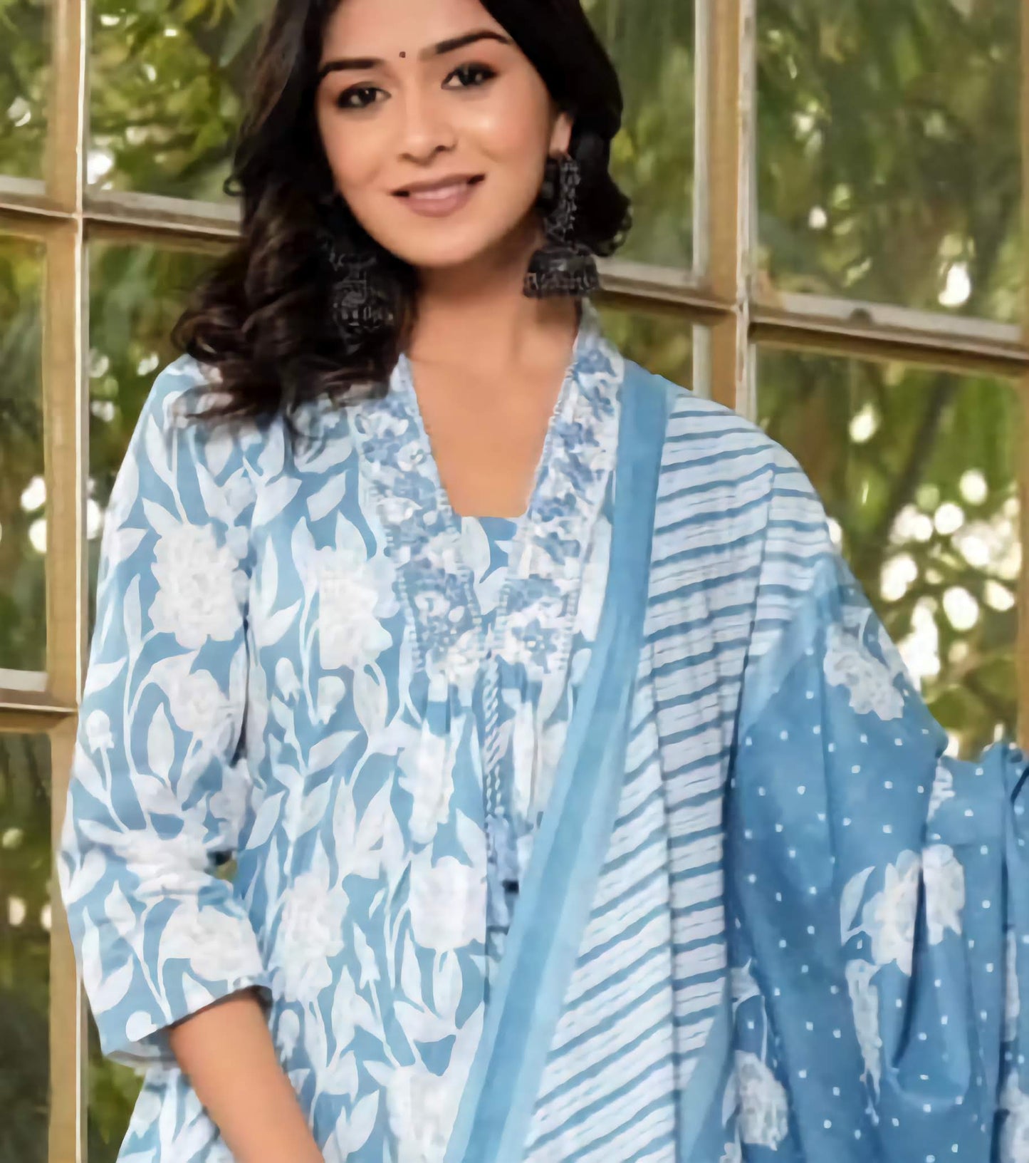 Sanganeri Cotton Anarkali Kurta Set with Embroidery