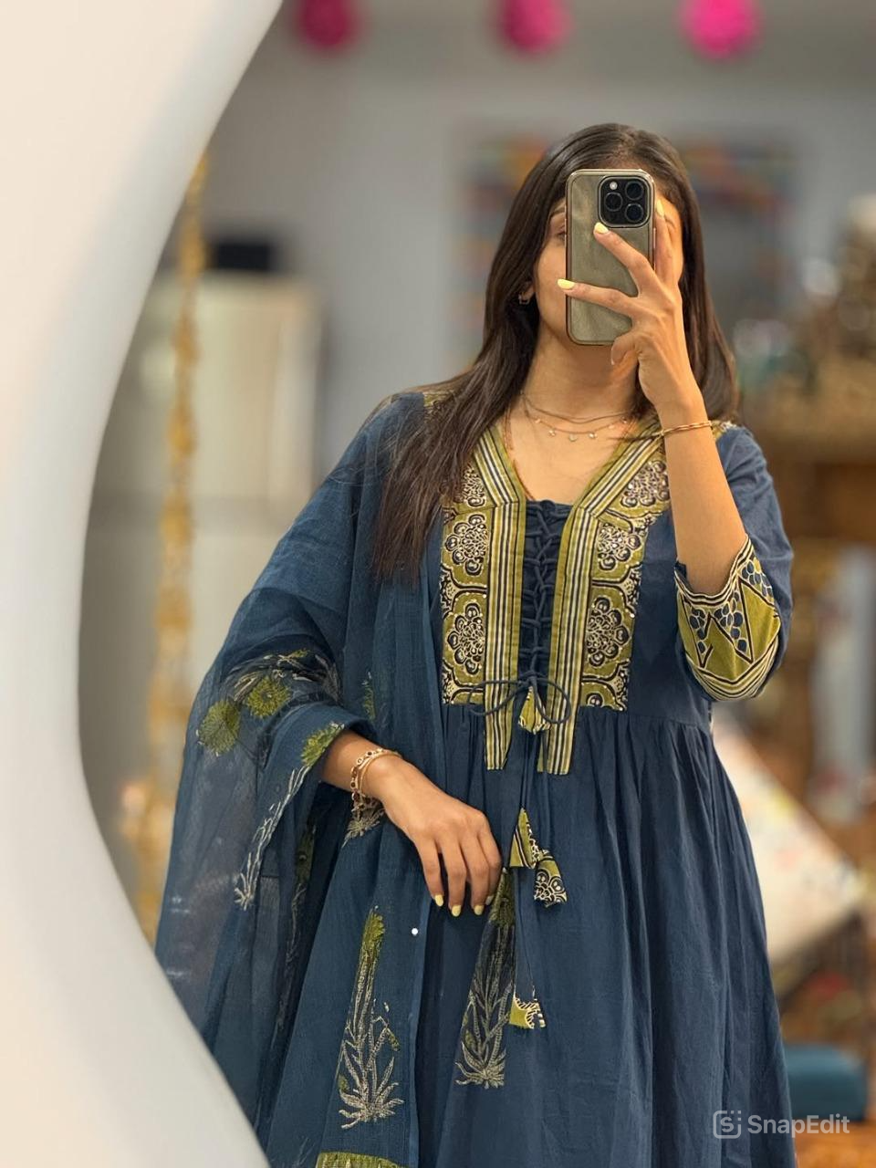 Cotton Anarkali Suit Set with Tappa Print & Kota Doria Dupatta