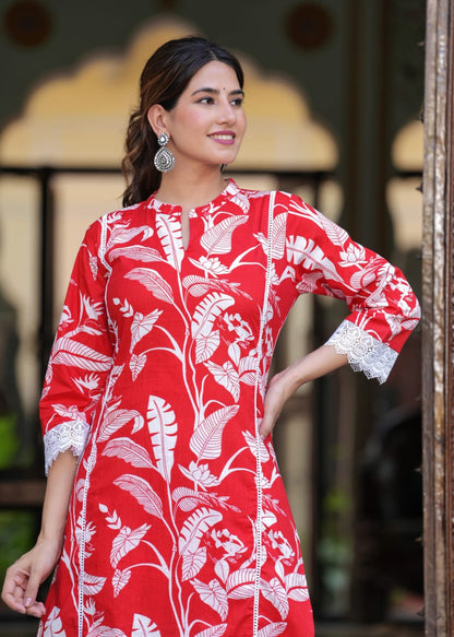 Red Floral Print Co-ord Set with Chinese Collar and Cotton Lace Detailing