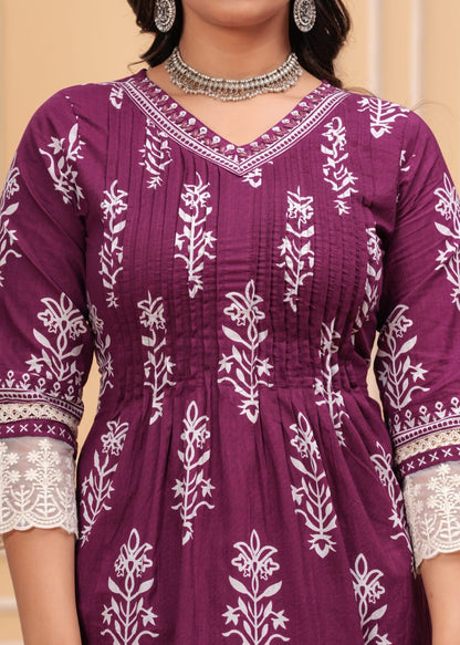 Cotton Suit with Pleated V-Neck Top, Lace Detailing, and Printed Dupatta