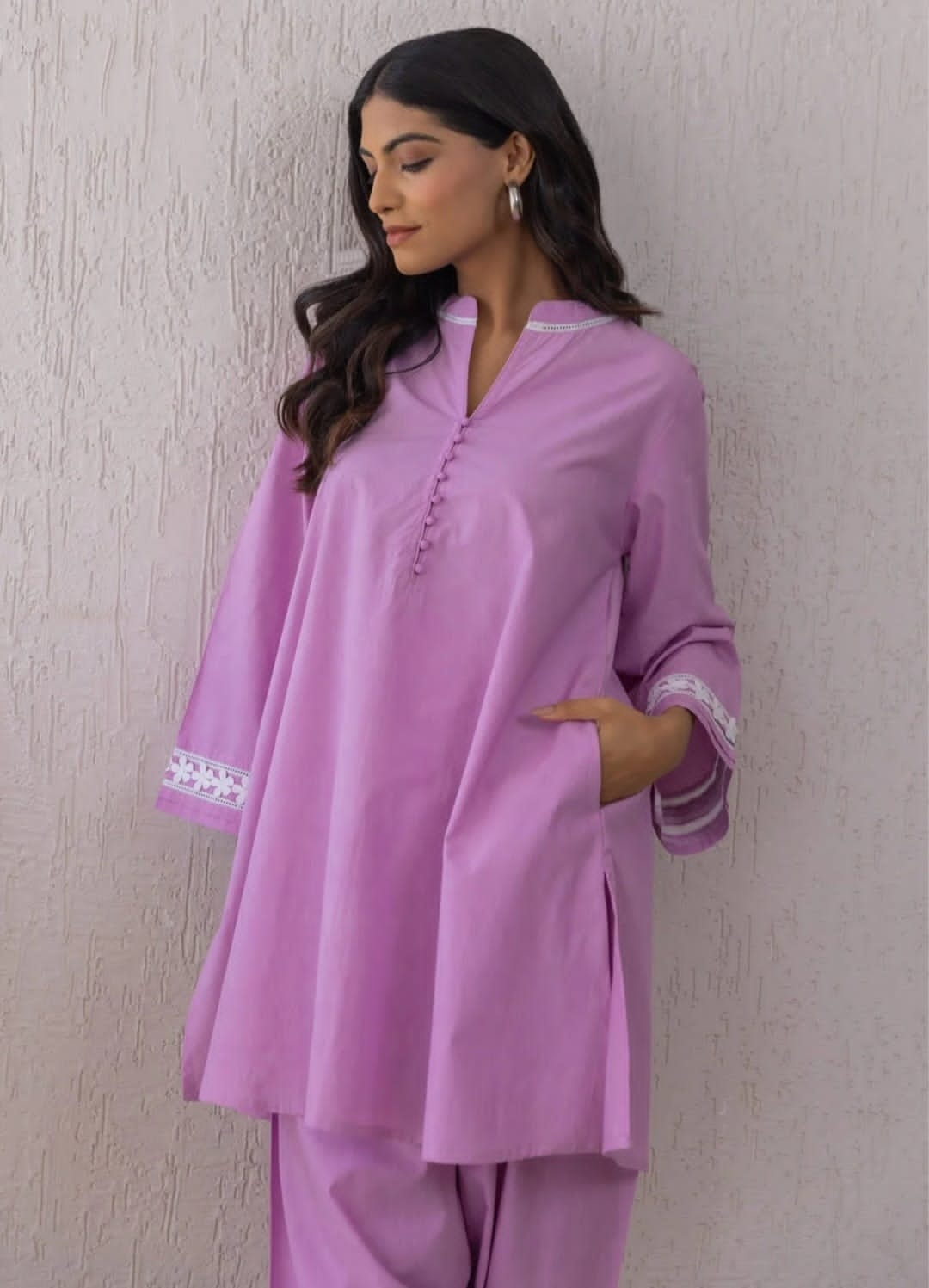 Cotton Top with Potli Button and Lace Detailing - Set with Cotton Pant