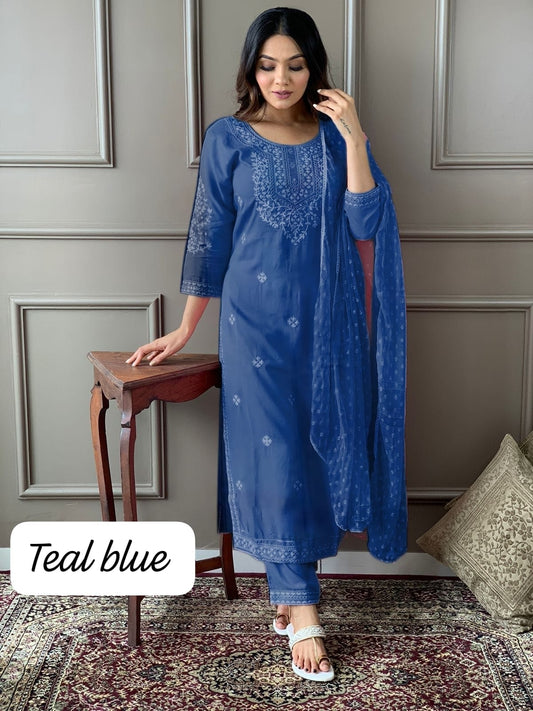 Teal Blue Rayon Embroidered Kurta Set with Pant and Dupatta