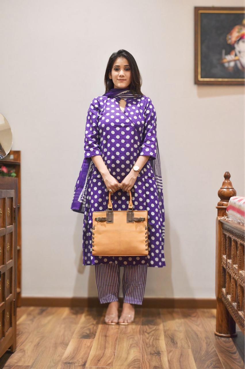 Purple Angrakha-Style Straight Kurti with Polka-Dot Print, Lace & Sequence Work | Cotton Pant & Dupatta Set