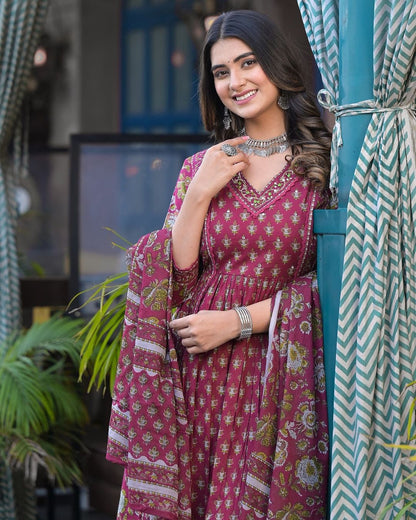 Floral Cotton Suit Set with Embroidery, Side Tassels, and Dabu Print