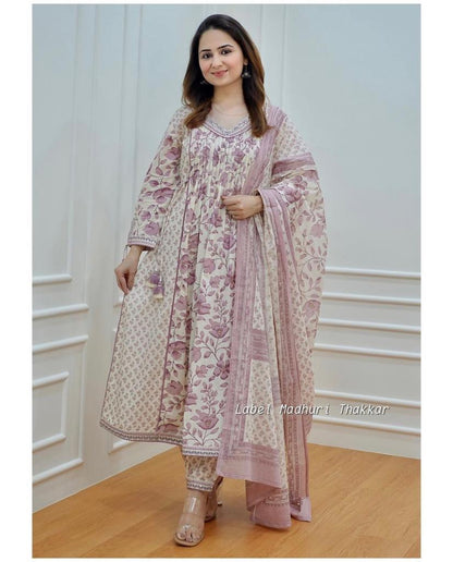 Lilac Ivory Floral Afghani Suit Set: Embroidery and Pintex Detailing