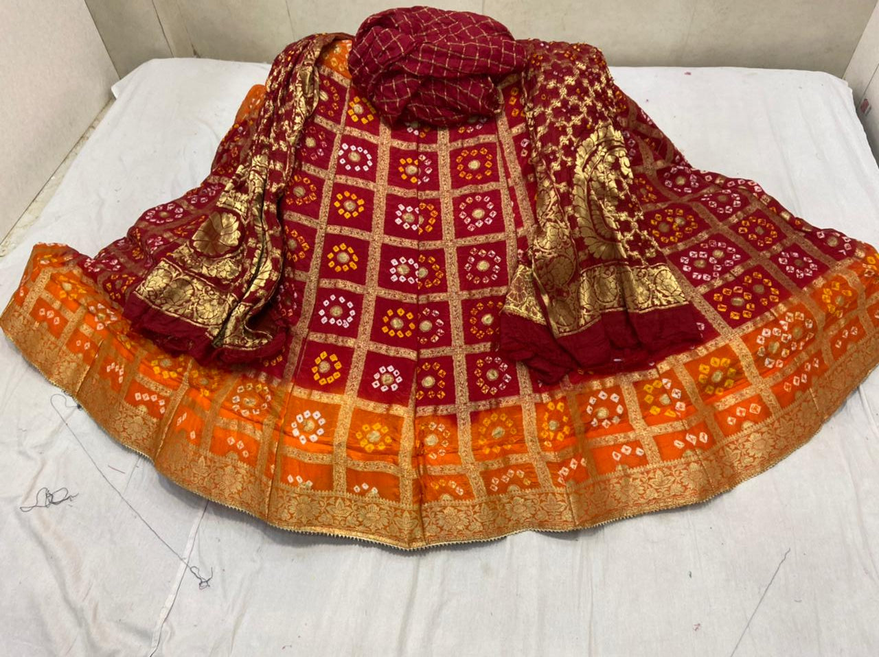 Banarasi Gharchola Silk Lehenga Set with Bandhani Design, Zari Blouse, and Dupatta – Stitched with Touch Aster