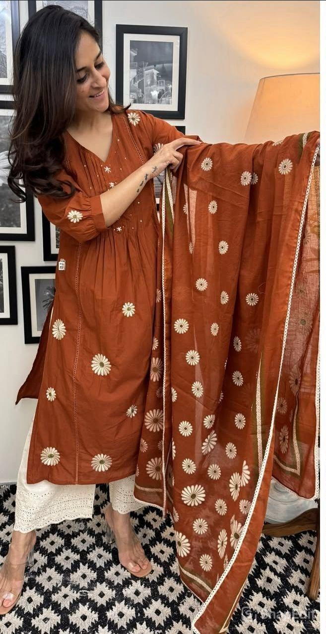 3 Piece Cotton Pintex Kurti Pant Dupatta Set with Embroidery