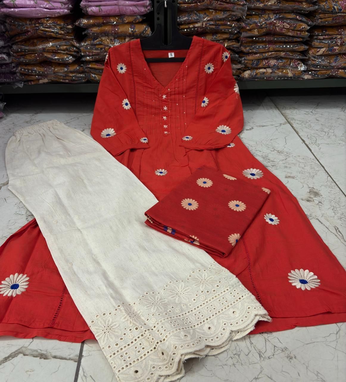 3 Piece Cotton Pintex Kurti Pant Dupatta Set with Embroidery