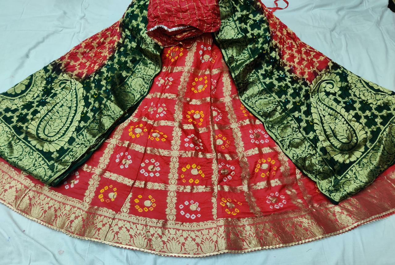 Banarasi Gharchola Silk Lehenga Set with Bandhani Design, Zari Blouse, and Dupatta – Stitched with Touch Aster