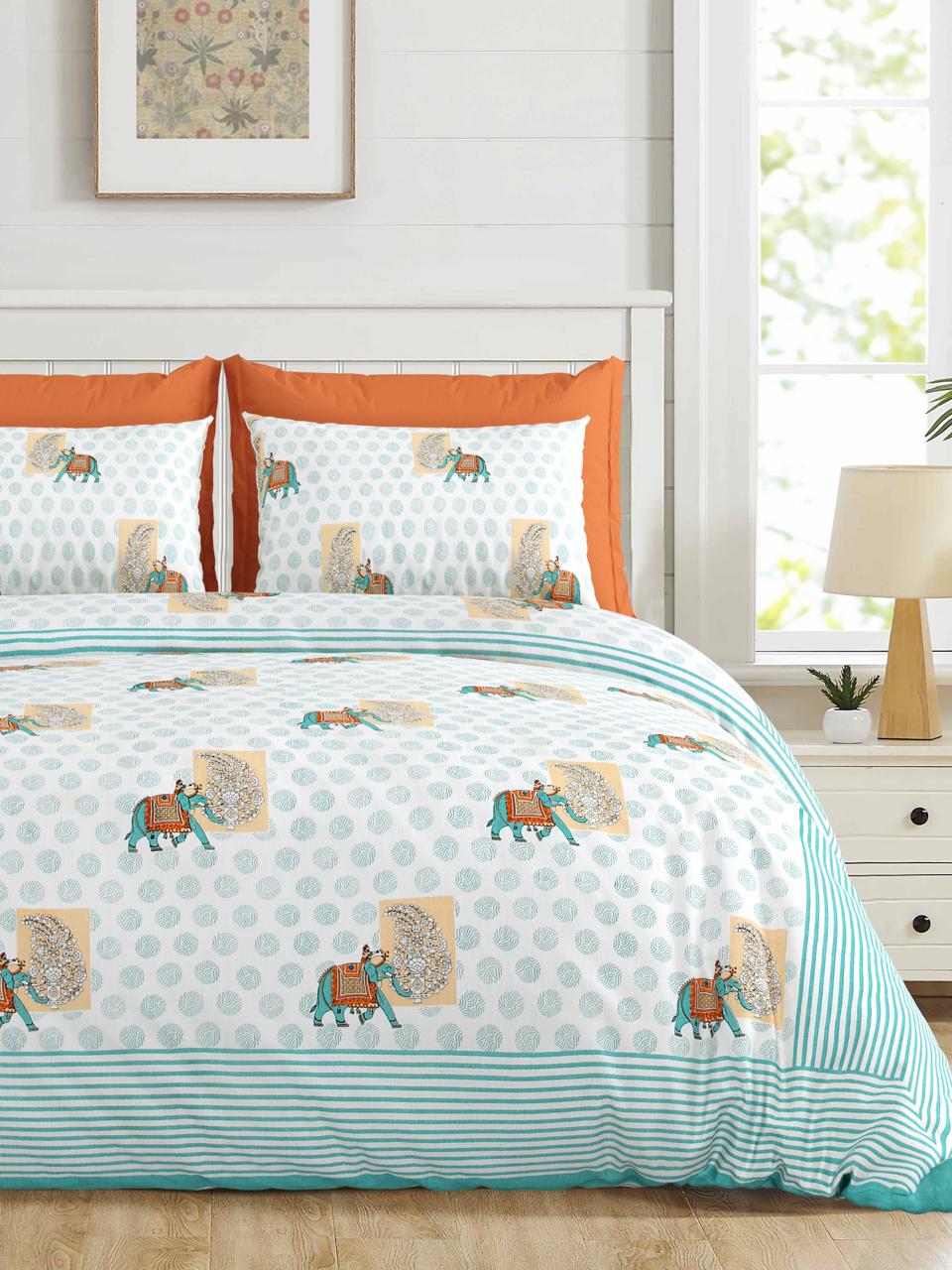 Jumbo-Size Handblock Printed Cotton Bedsheet Set with Pillow Covers