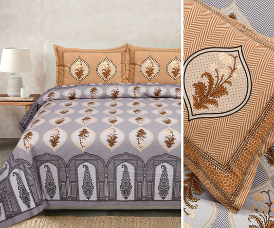 Gold-Print Cotton Bedsheet Set with Coordinated Pillow Covers