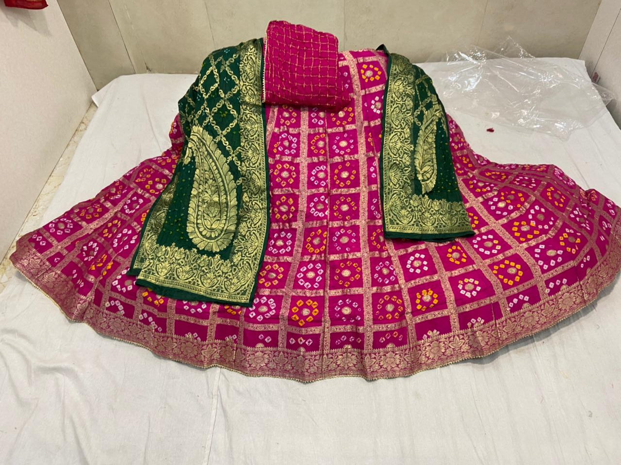 Banarasi Gharchola Silk Lehenga Set with Bandhani Design, Zari Blouse, and Dupatta – Stitched with Touch Aster