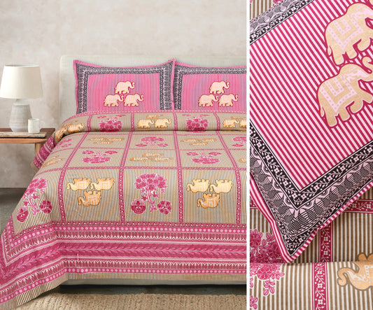 Gold Printed Cotton Bedsheet Set with Coordinating Pillow Covers