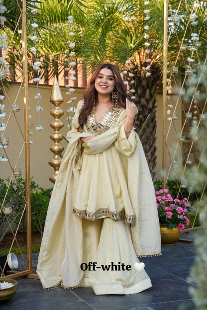 3PC Peplum Dress with Flaired Gharara, Mirror & Coded Embroidery Work