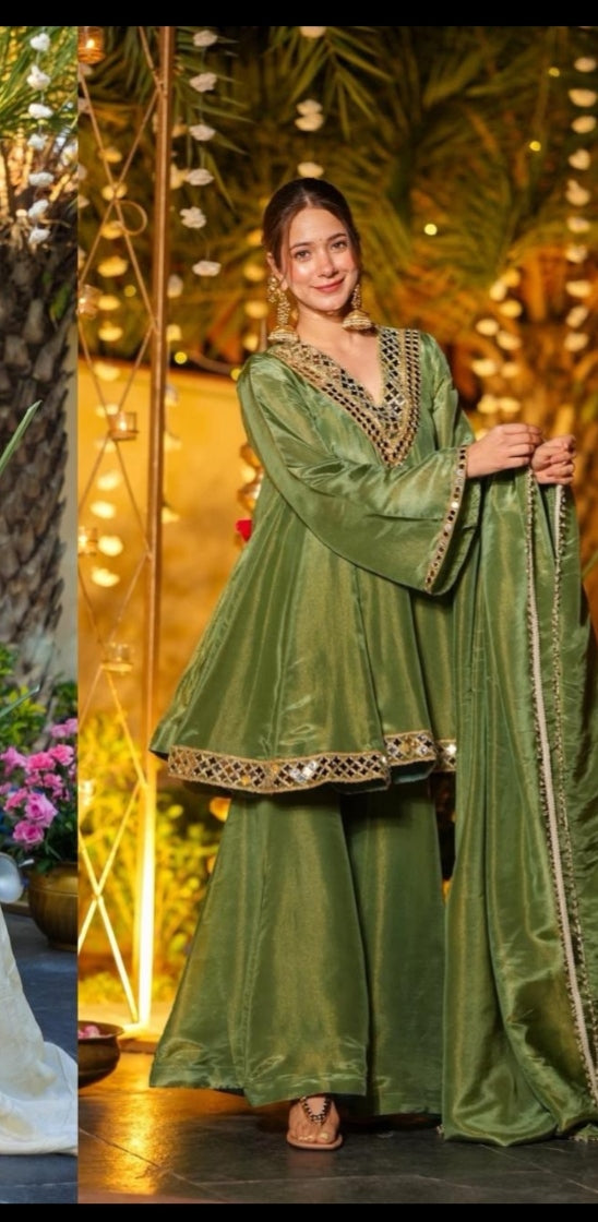 3PC Peplum Dress with Flaired Gharara, Mirror & Coded Embroidery Work