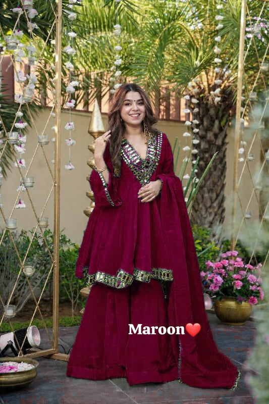 3PC Peplum Dress with Flaired Gharara, Mirror & Coded Embroidery Work