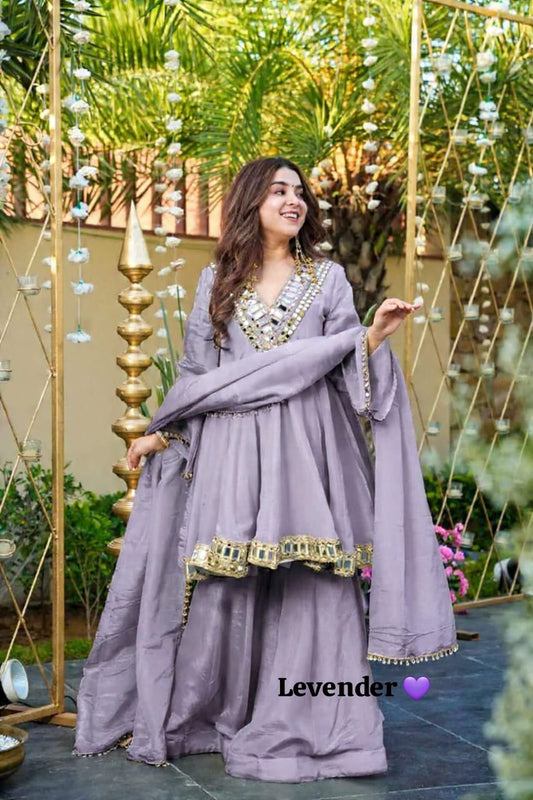 3PC Peplum Dress with Flaired Gharara, Mirror & Coded Embroidery Work