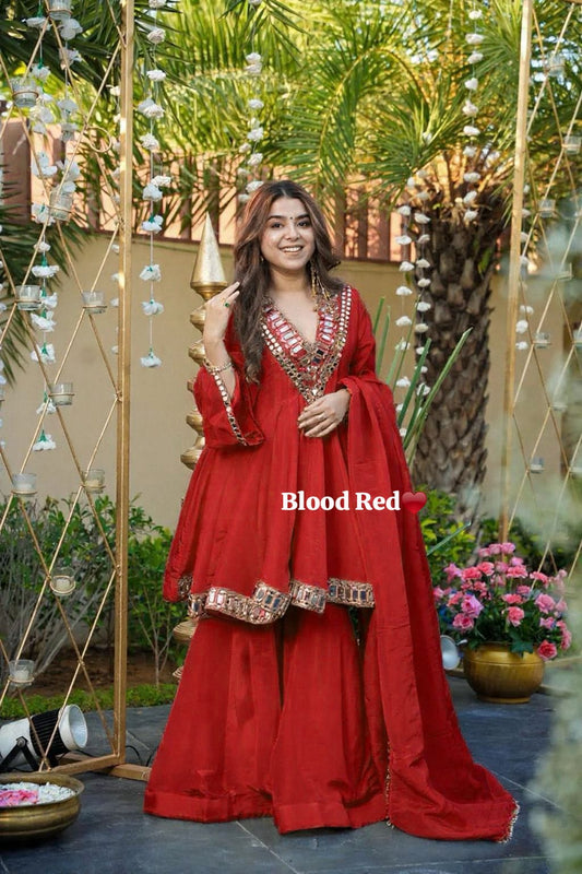 3PC Peplum Dress with Flaired Gharara, Mirror & Coded Embroidery Work