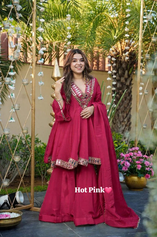 3PC Peplum Dress with Flaired Gharara, Mirror & Coded Embroidery Work