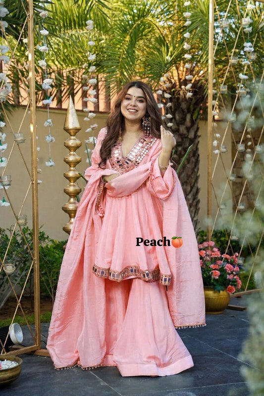 3PC Peplum Dress with Flaired Gharara, Mirror & Coded Embroidery Work