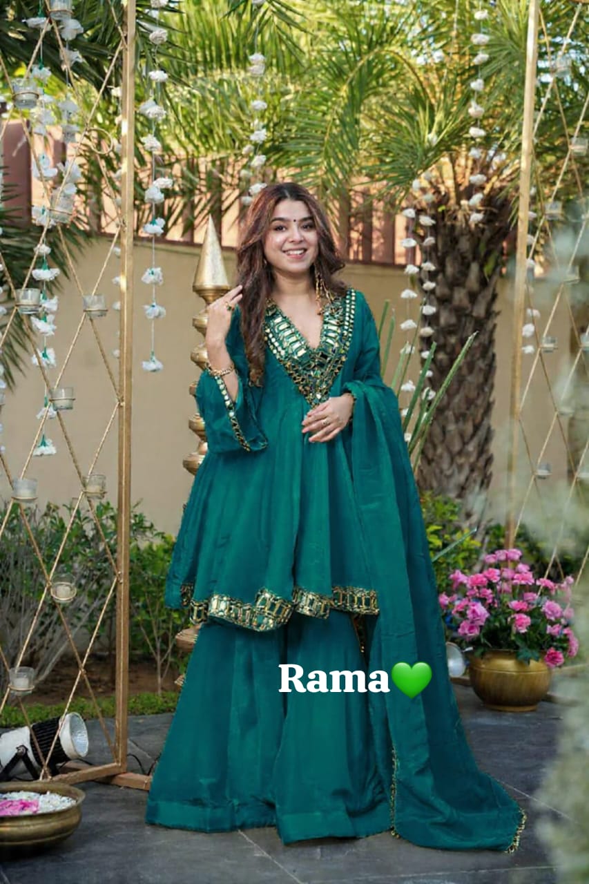 3PC Peplum Dress with Flaired Gharara, Mirror & Coded Embroidery Work
