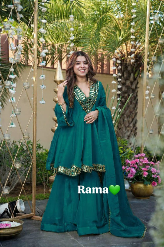 3PC Peplum Dress with Flaired Gharara, Mirror & Coded Embroidery Work