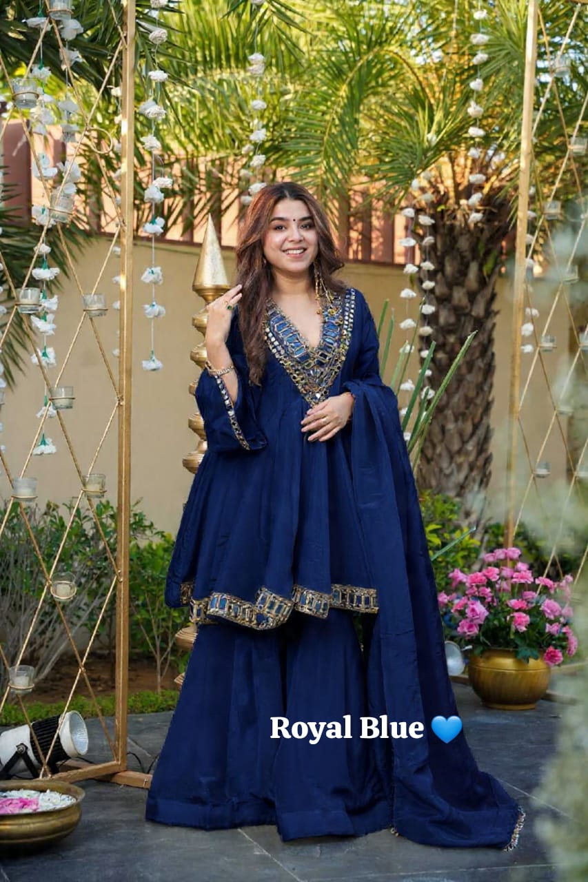3PC Peplum Dress with Flaired Gharara, Mirror & Coded Embroidery Work