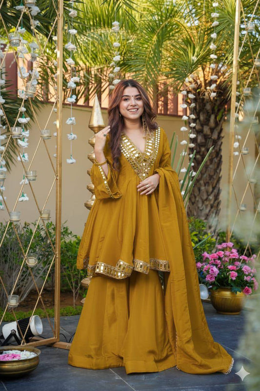 3PC Peplum Dress with Flaired Gharara, Mirror & Coded Embroidery Work