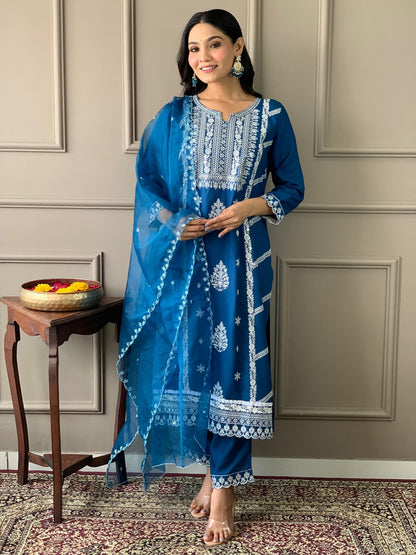 Rayon Embroidery Kurta Set with Organza Dupatta