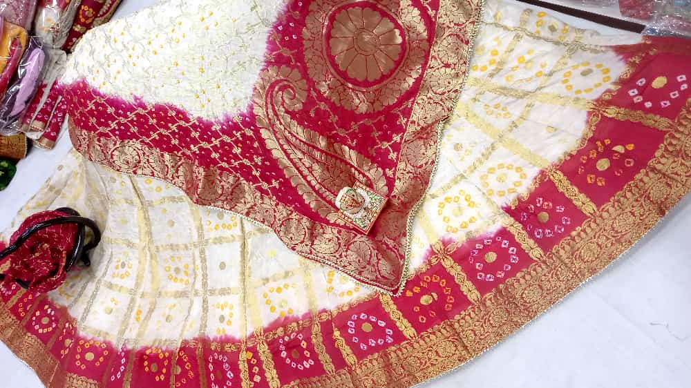 Banarasi Gharchola Silk Lehenga Set with Bandhani Design, Zari Blouse, and Dupatta – Stitched with Touch Aster