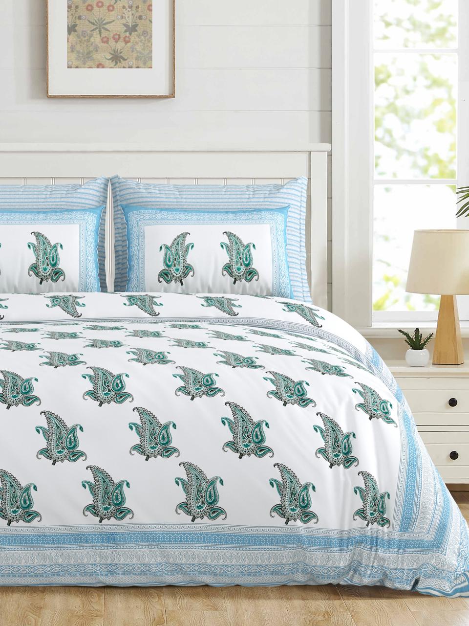 Jumbo-Size Handblock Printed Cotton Bedsheet Set with Pillow Covers