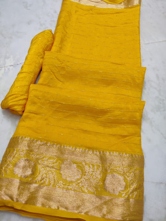 Russian Silk Saree with Rose Sequin Pallu & Zari Weaving - Includes Running Blouse