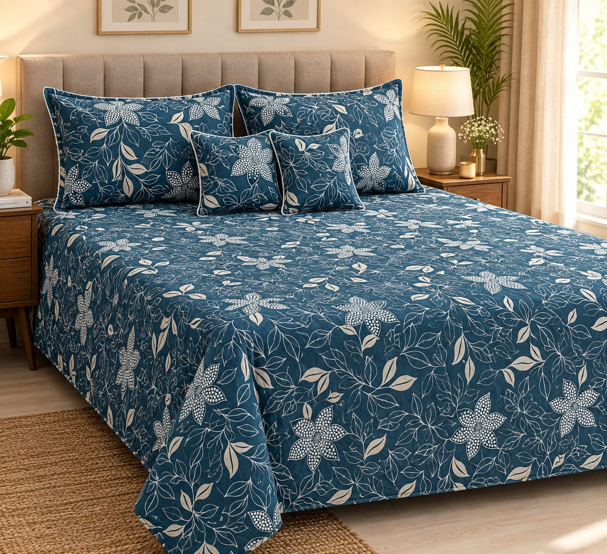5-Piece Cotton Bedding Set with Bedsheet, Pillow & Cushion Cover