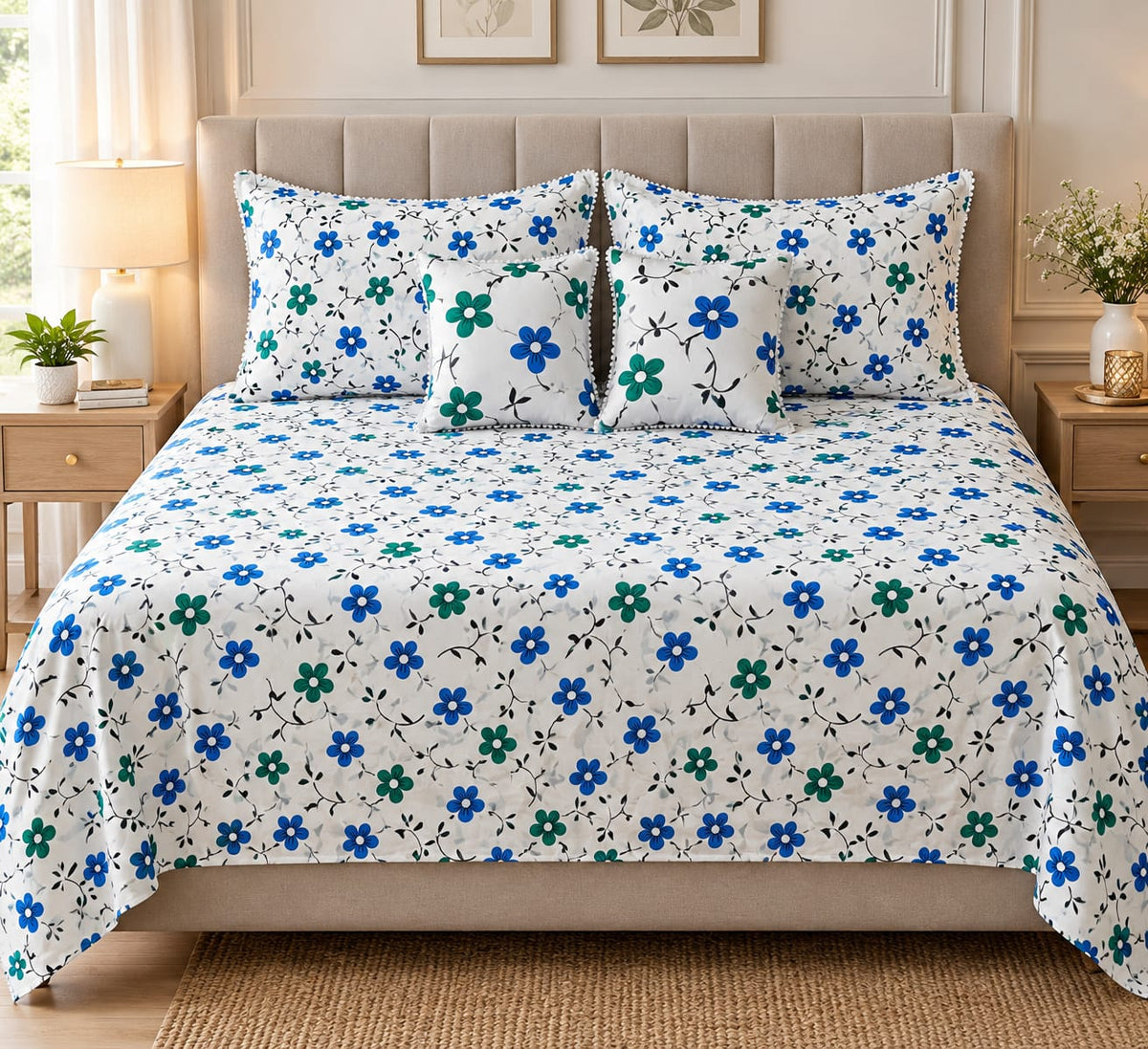 5-Piece Cotton Bedding Set with Bedsheet, Pillow & Cushion Cover