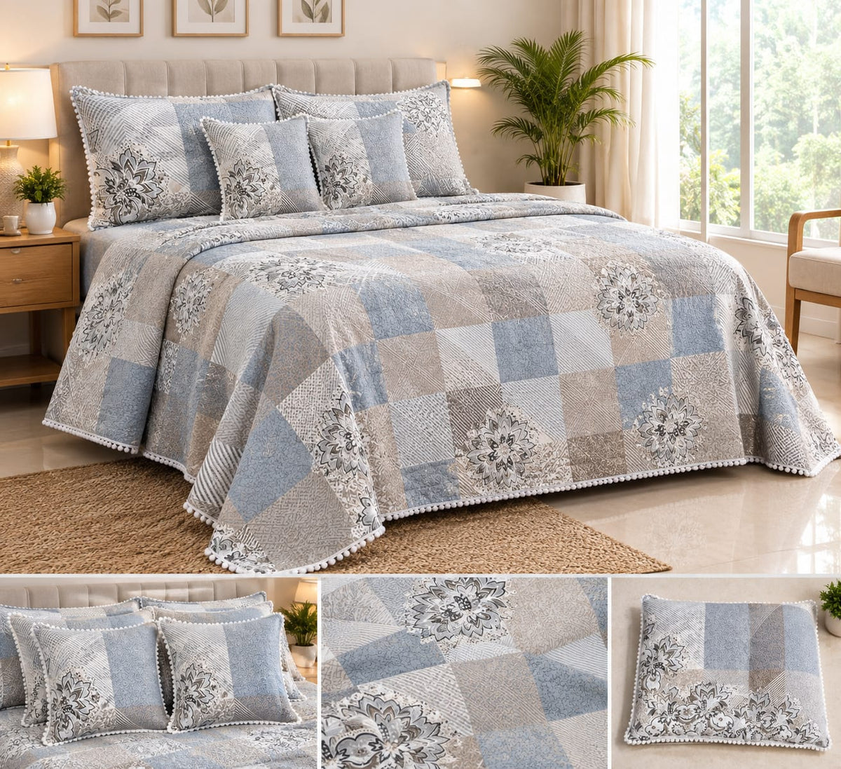 5-Piece Cotton Bedding Set with Bedsheet, Pillow & Cushion Cover