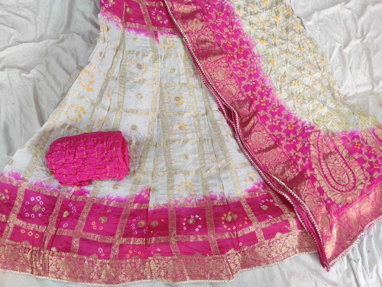 Banarasi Gharchola Silk Lehenga Set with Bandhani Design, Zari Blouse, and Dupatta – Stitched with Touch Aster