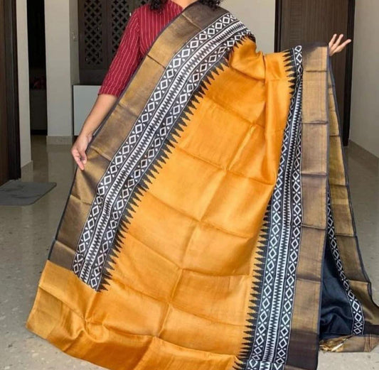 Handloom Bhagalpuri Tussar Saree with Panel Design | Gold Borders, Pallu, and Blouse