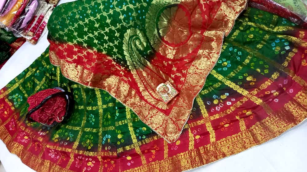 Banarasi Gharchola Silk Lehenga Set with Bandhani Design, Zari Blouse, and Dupatta – Stitched with Touch Aster