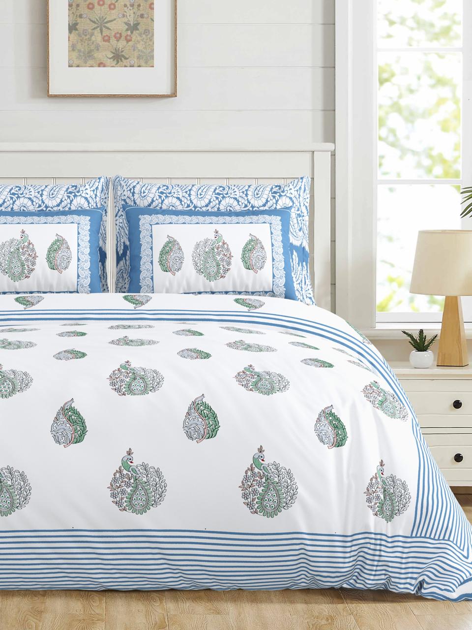 Jumbo-Size Handblock Printed Cotton Bedsheet Set with Pillow Covers